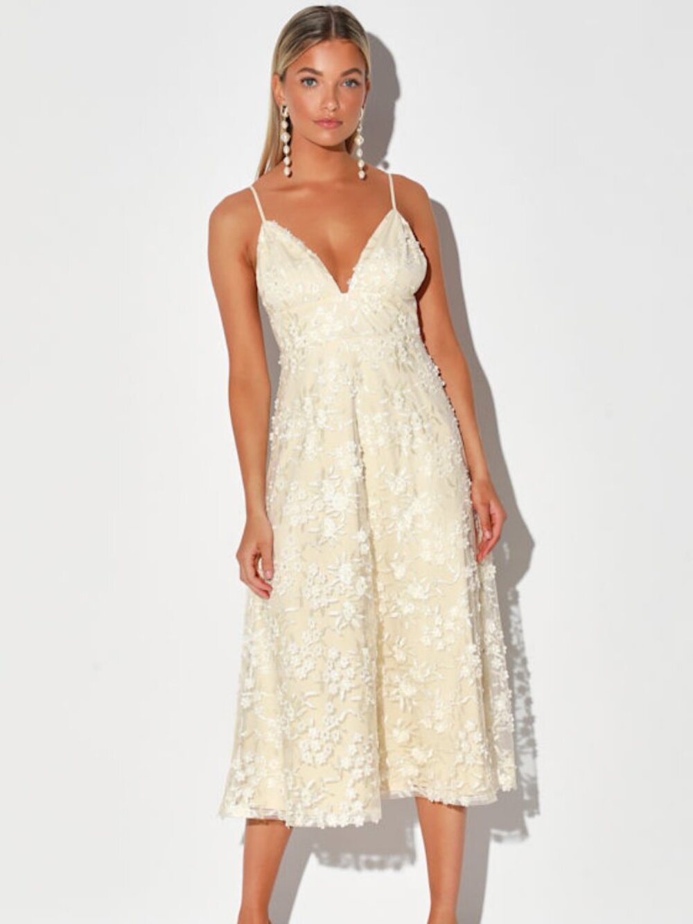 Lulus Flourishing Kiss Cream Floral Embroidered Floral Lace Midi Dress White
